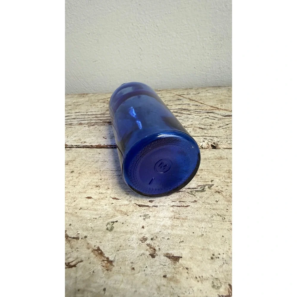 Vintage Cobalt Blue Glass Bottle Bud Vase with Artificial Flowers 5.25